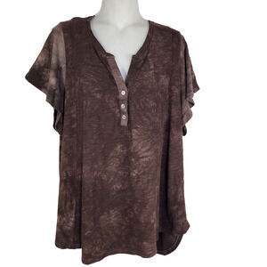 Terra & Sky Women T Shirt 1X Brown Henley Cotton Hi-Low Short Flutter Sleeve Tee